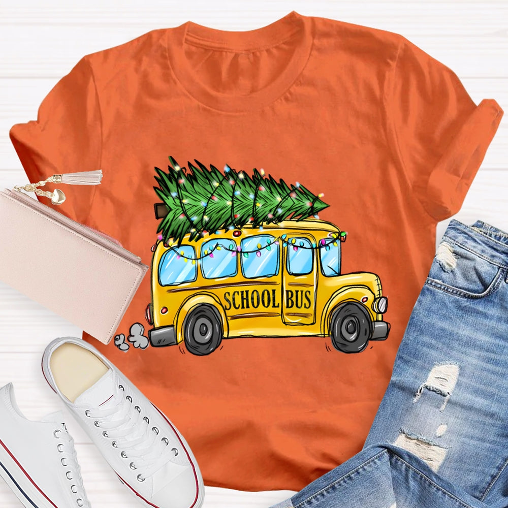 School Bus And Pulling A Christmas Tree Christmas T-shirt