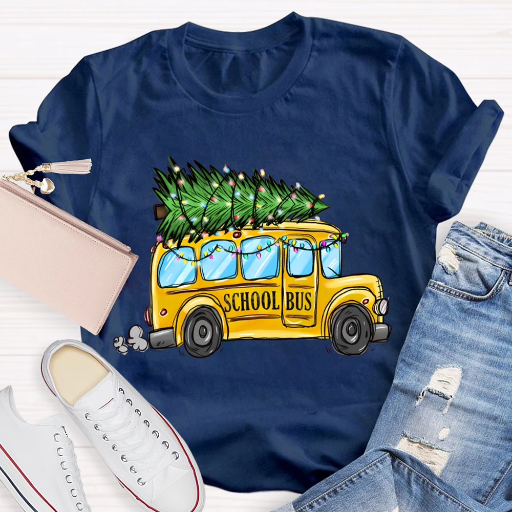 School Bus And Pulling A Christmas Tree Christmas T-shirt