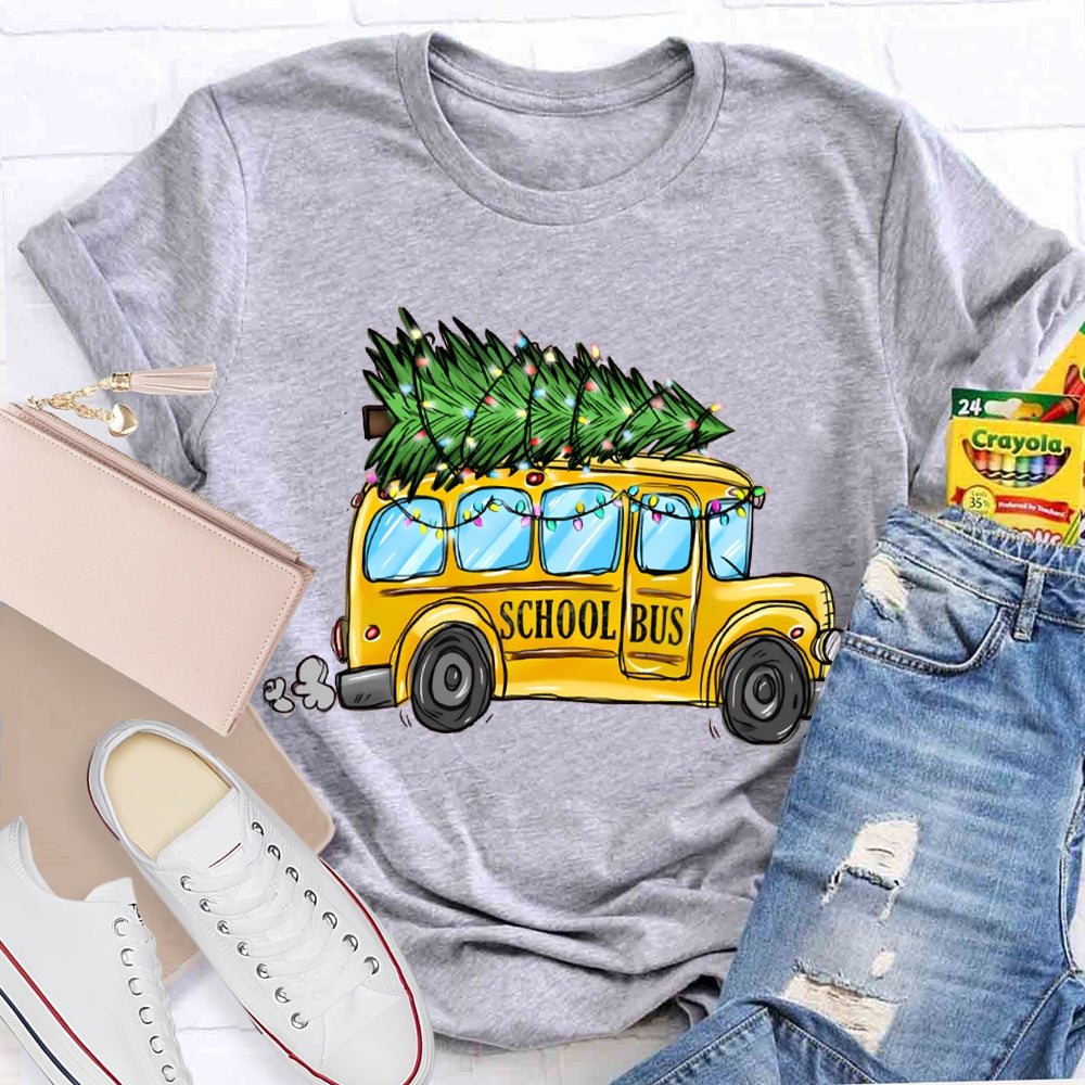School Bus And Pulling A Christmas Tree Christmas T-shirt