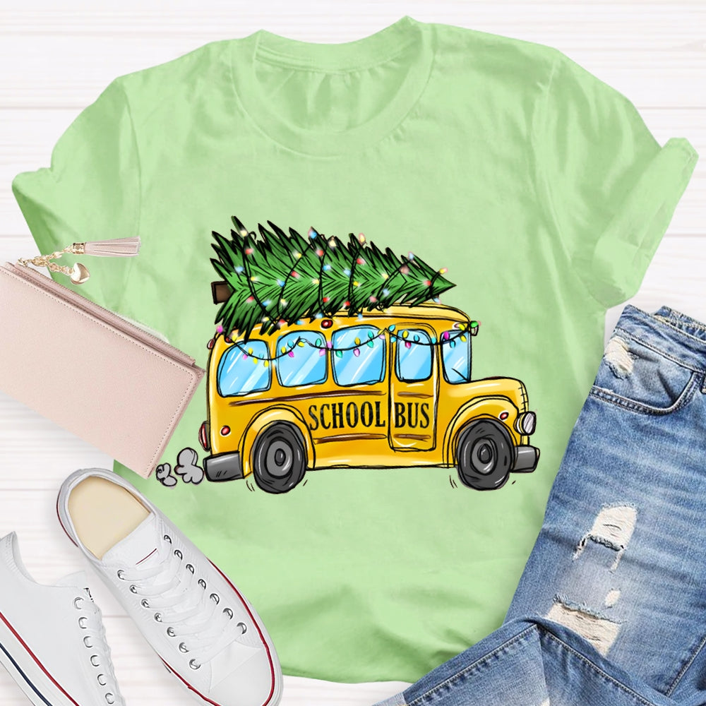 School Bus And Pulling A Christmas Tree Christmas T-shirt