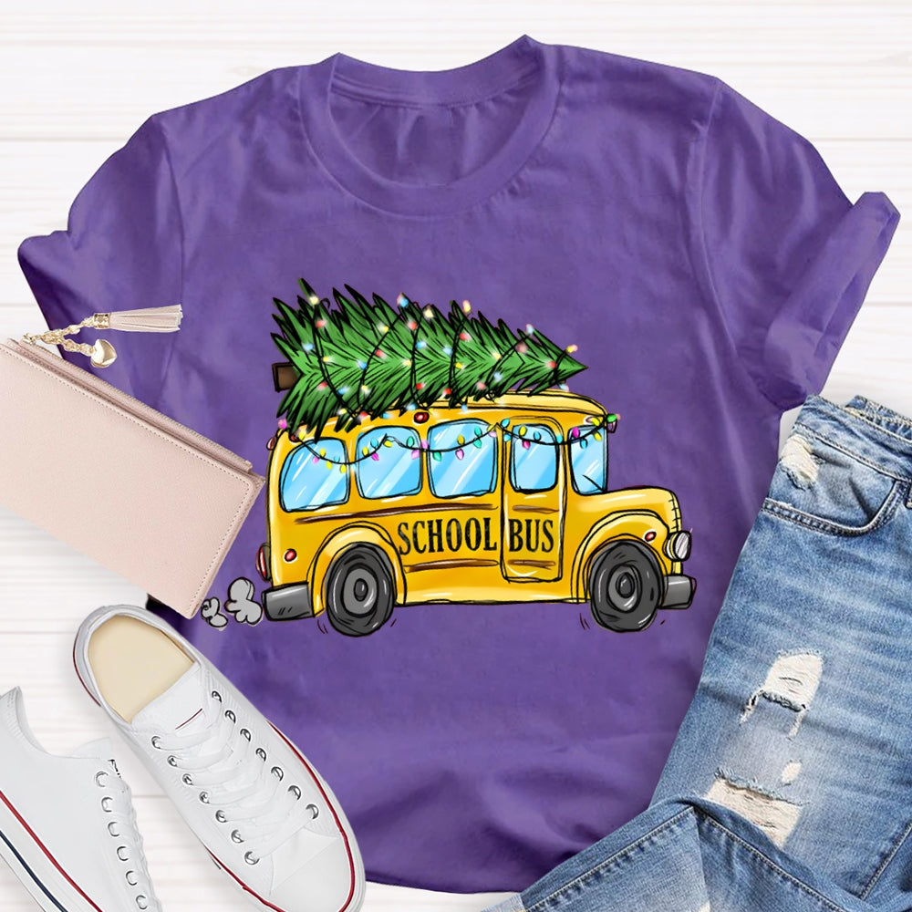 School Bus And Pulling A Christmas Tree Christmas T-shirt