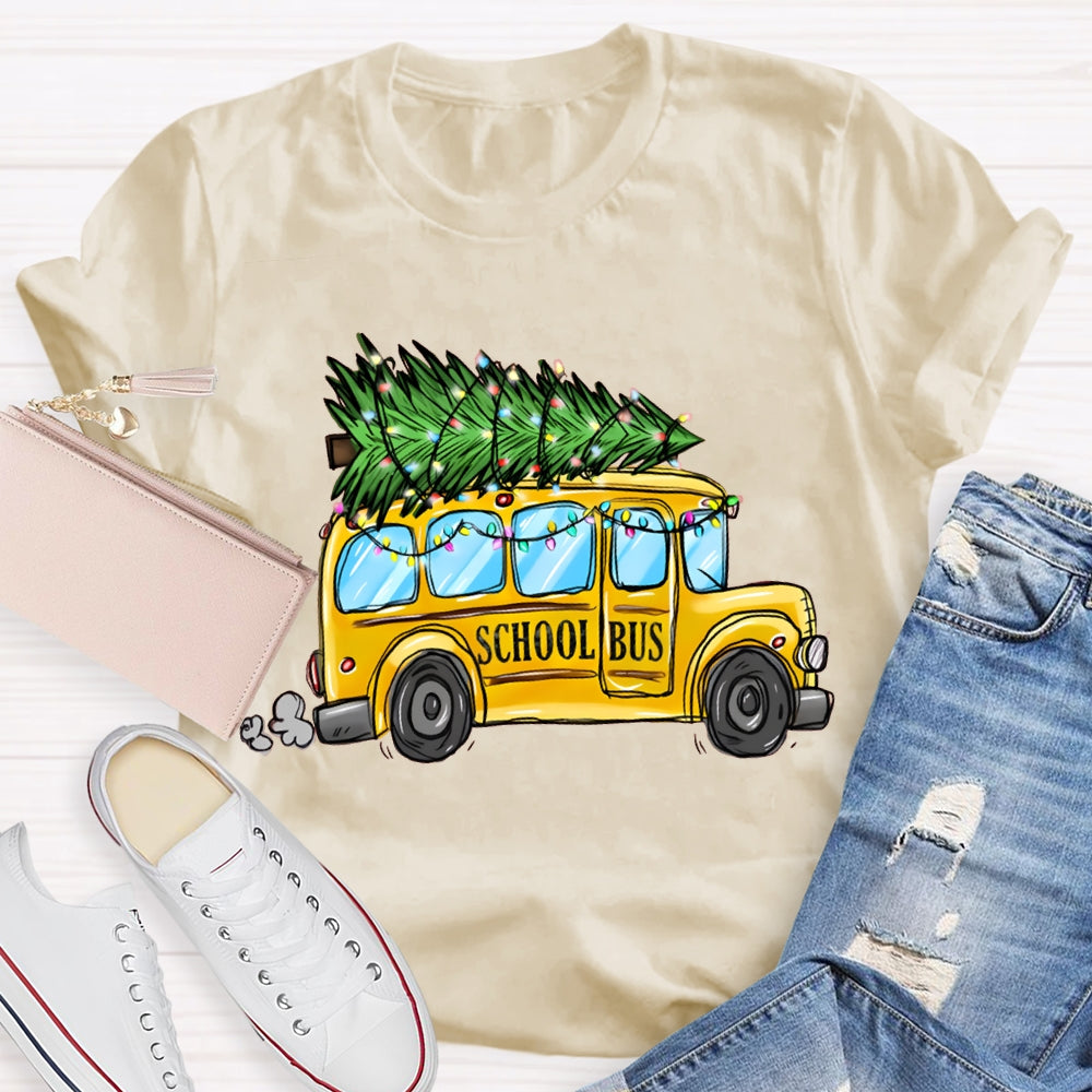 School Bus And Pulling A Christmas Tree Christmas T-shirt