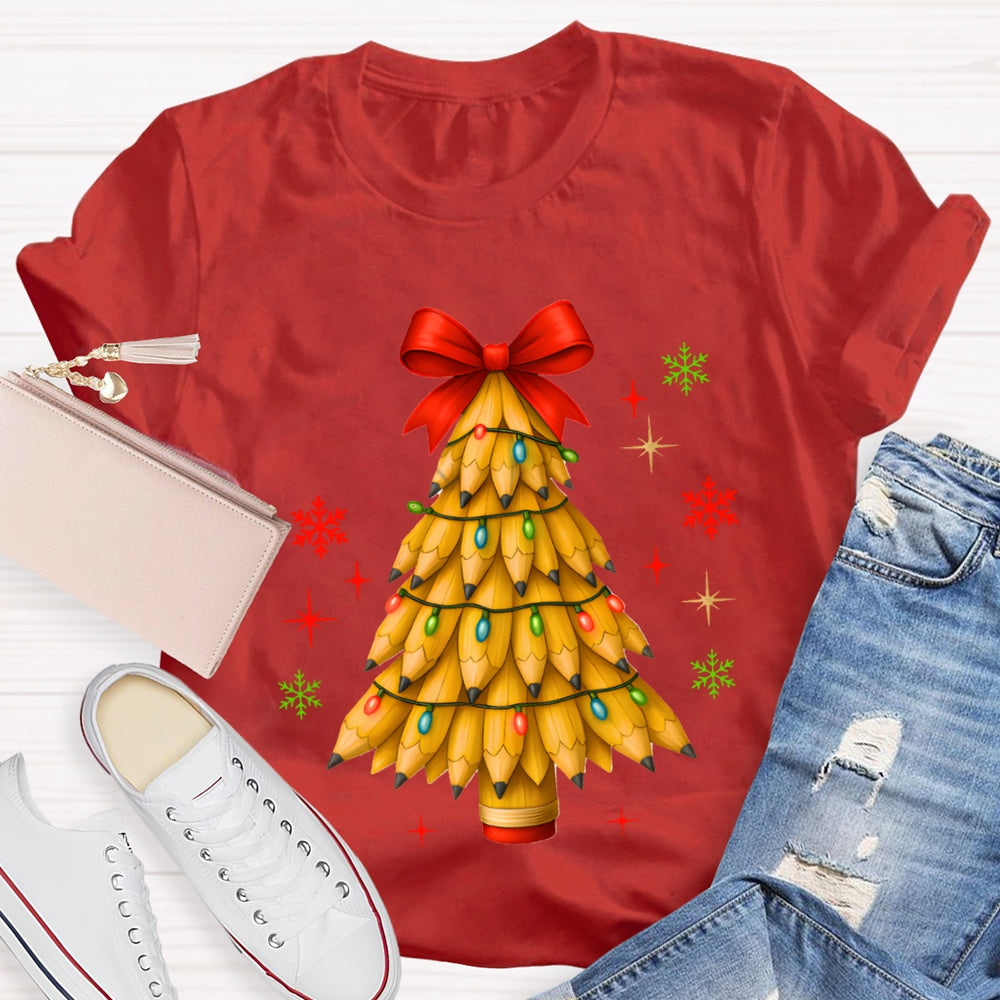 Pencil Christmas Tree Red Bow T-shirt