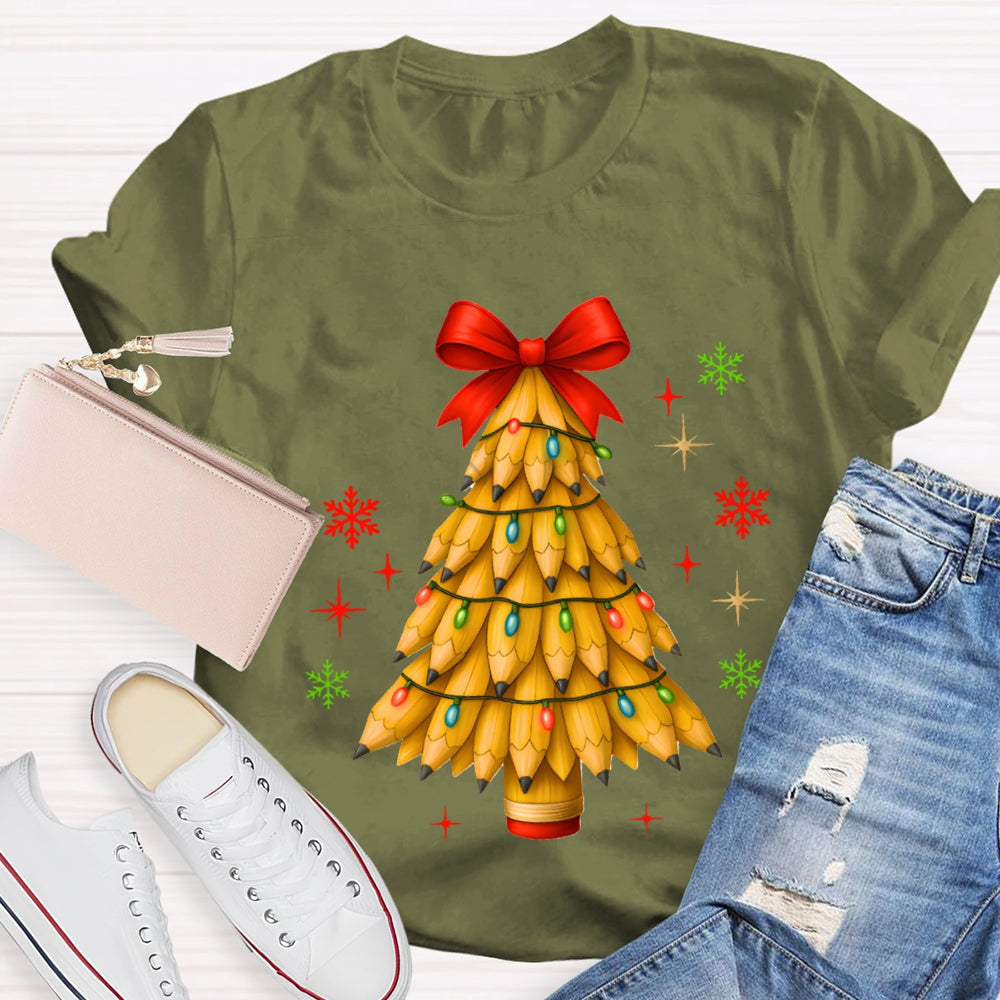 Pencil Christmas Tree Red Bow T-shirt