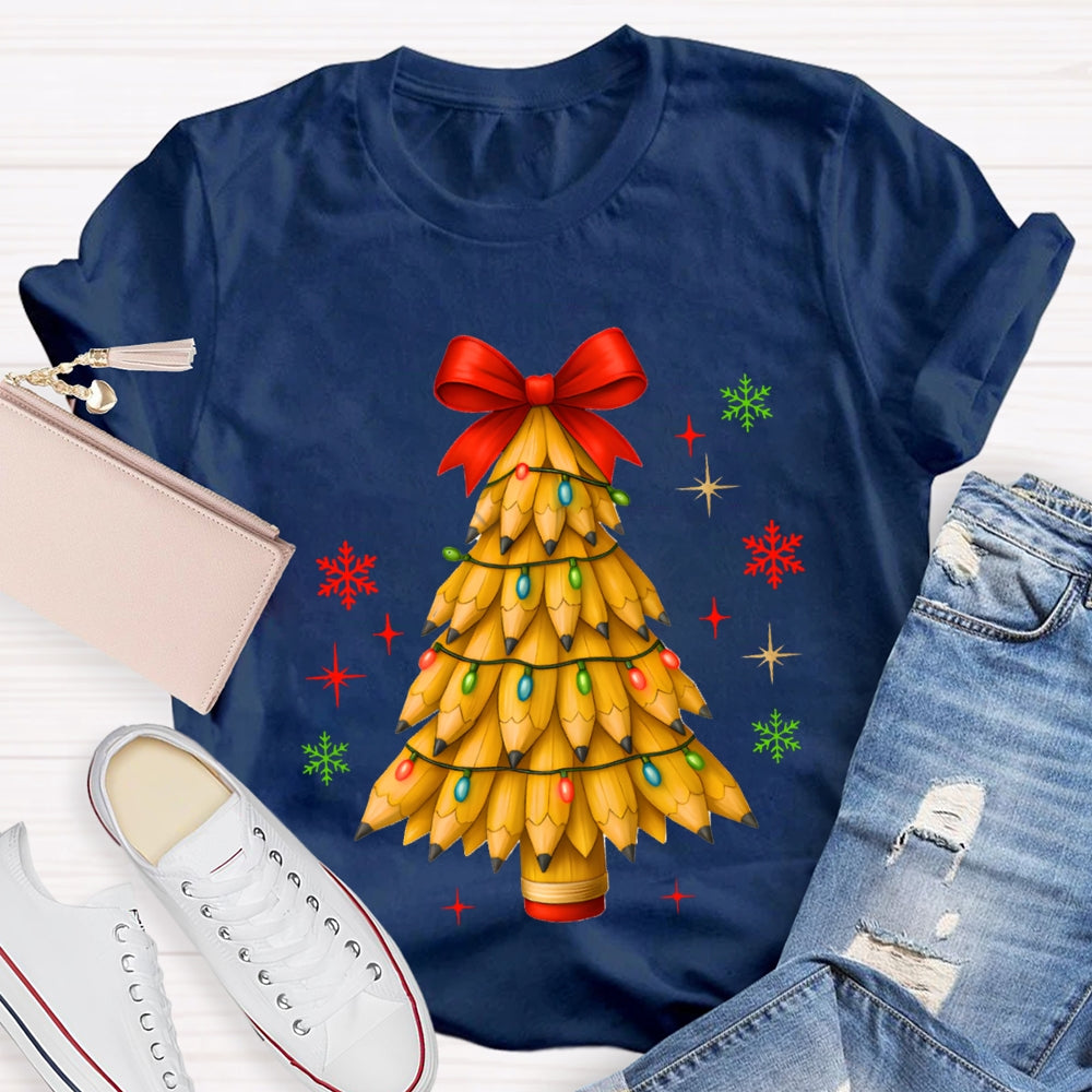 Pencil Christmas Tree Red Bow T-shirt