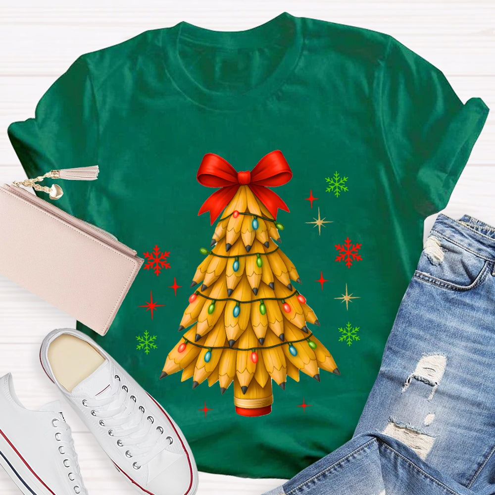 Pencil Christmas Tree Red Bow T-shirt
