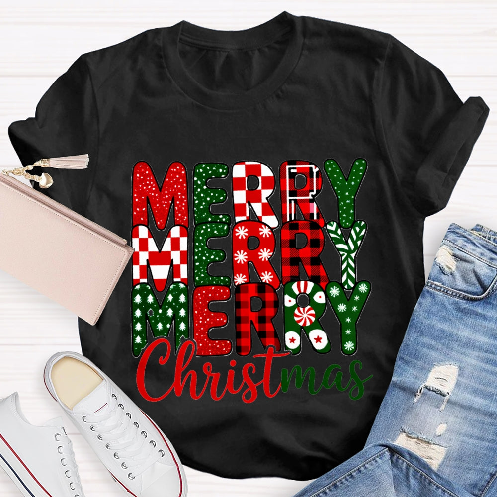 Merry Christmas Plaid Snowflakes T-Shirt