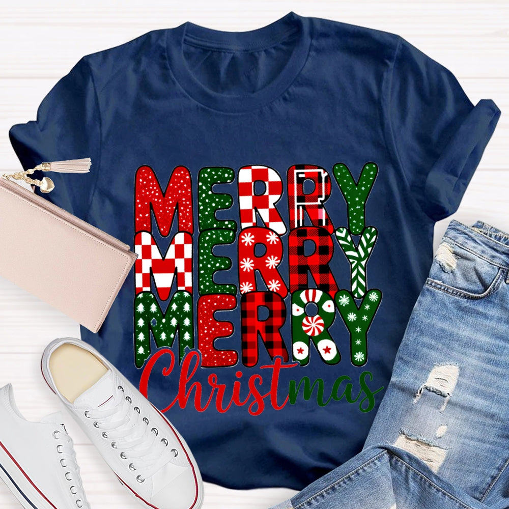 Merry Christmas Plaid Snowflakes T-Shirt