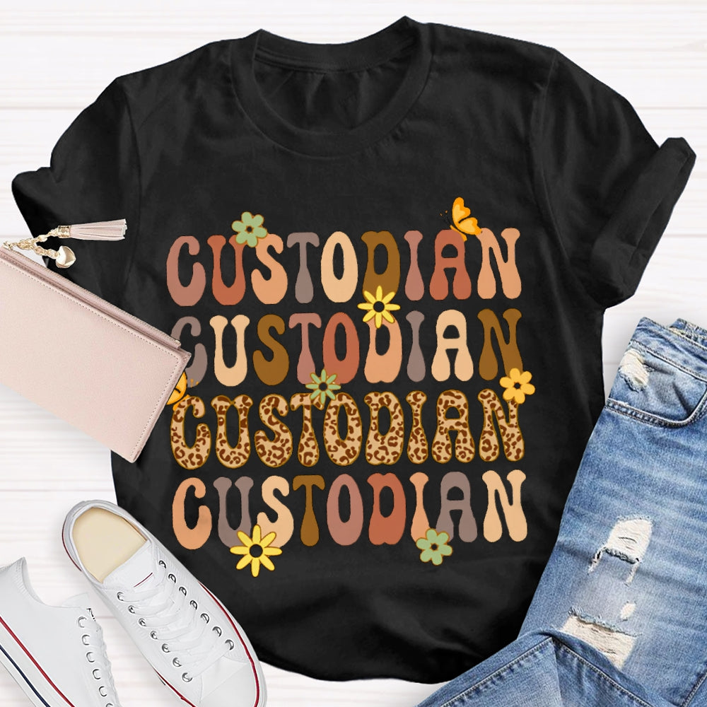 Custodian Leopard Print And Colorful Fonts T-shirt