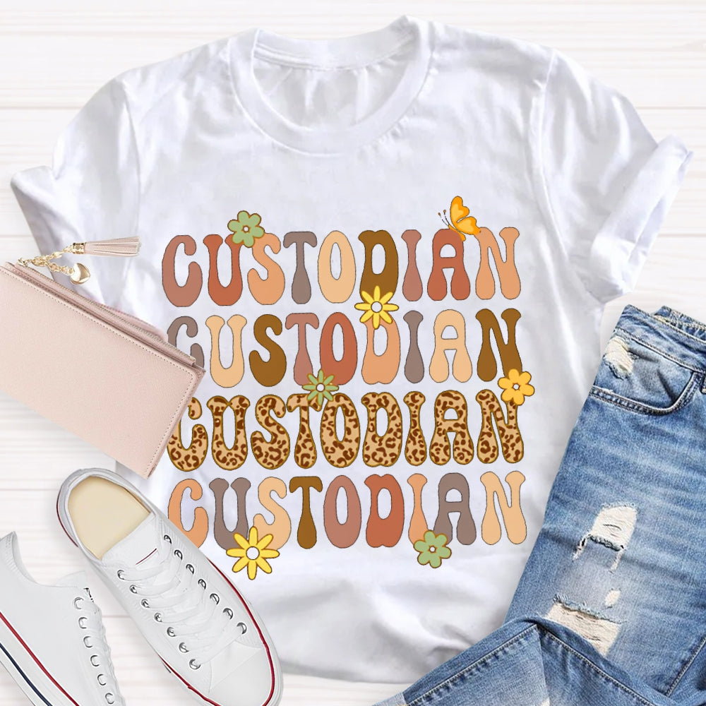 Custodian Leopard Print And Colorful Fonts T-shirt