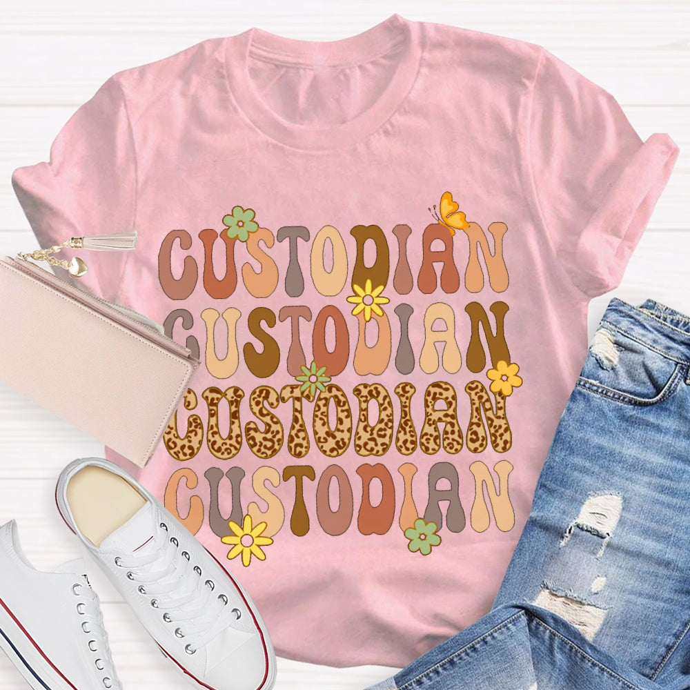 Custodian Leopard Print And Colorful Fonts T-shirt