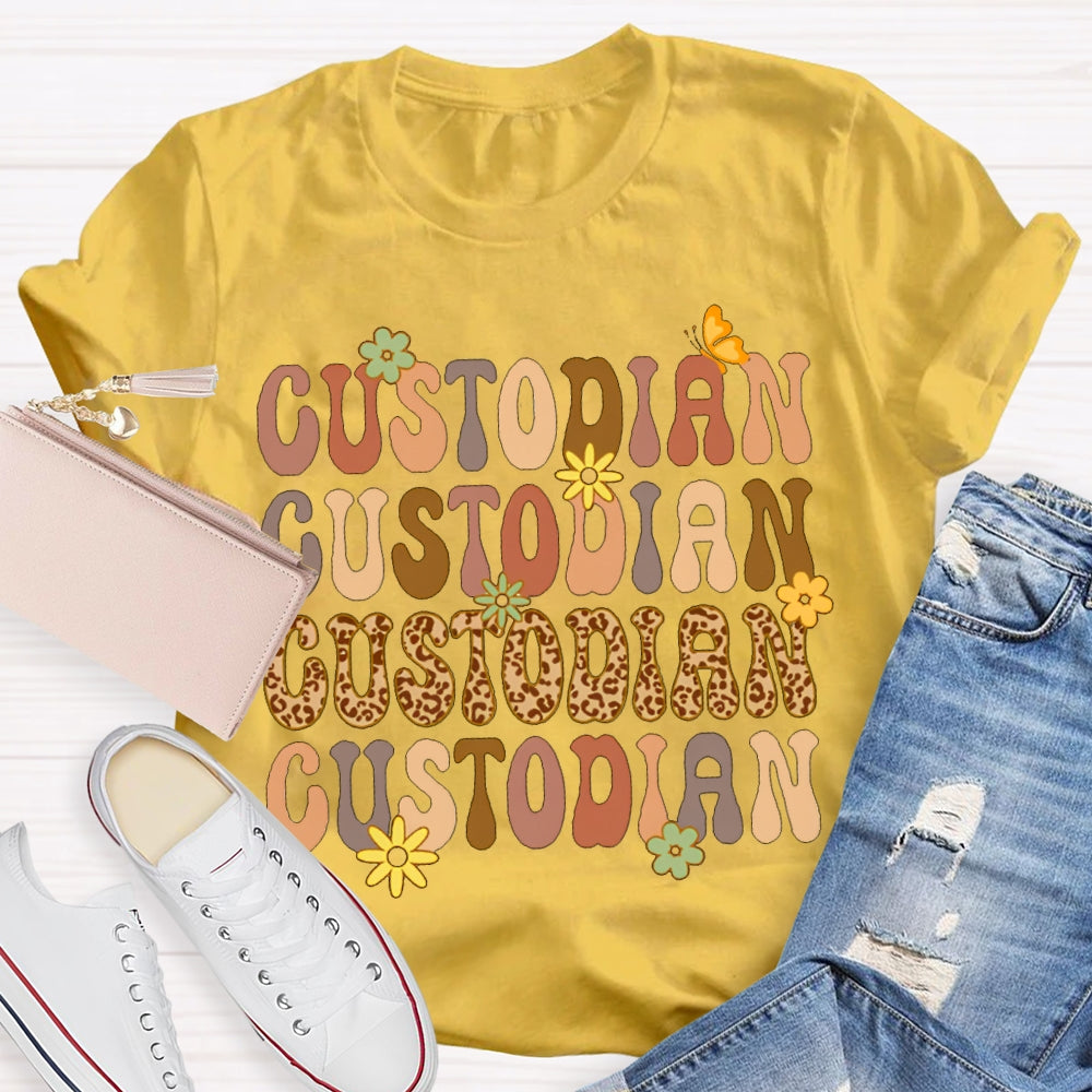 Custodian Leopard Print And Colorful Fonts T-shirt