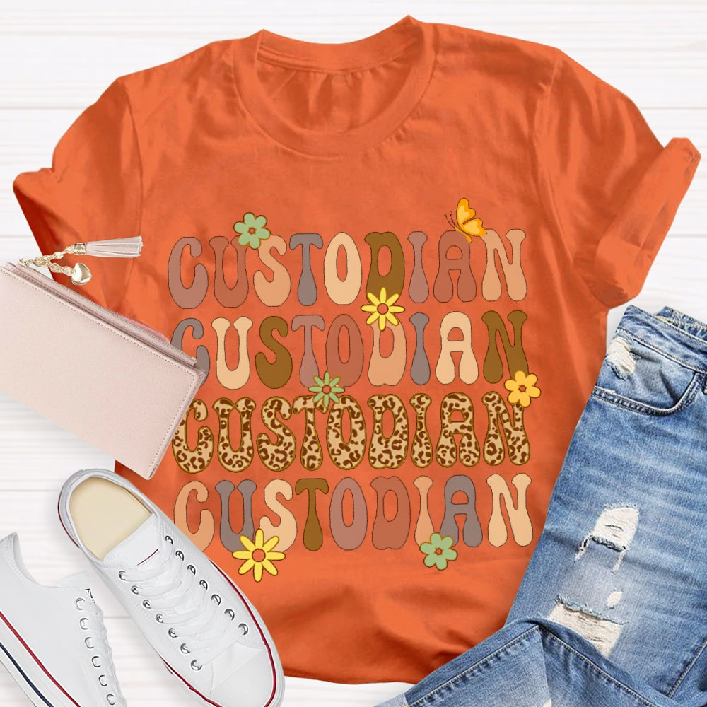 Custodian Leopard Print And Colorful Fonts T-shirt