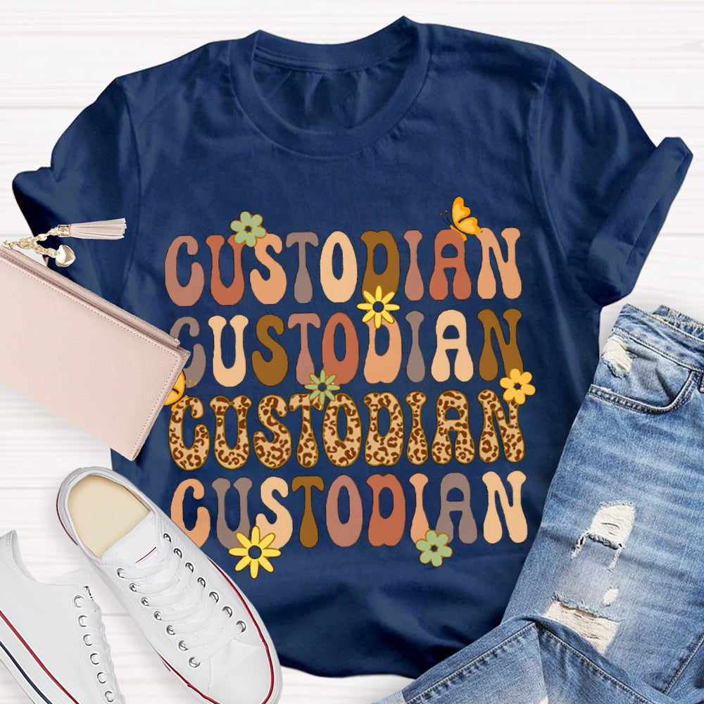 Custodian Leopard Print And Colorful Fonts T-shirt