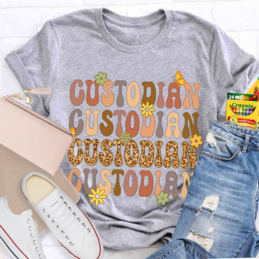 Custodian Leopard Print And Colorful Fonts T-shirt