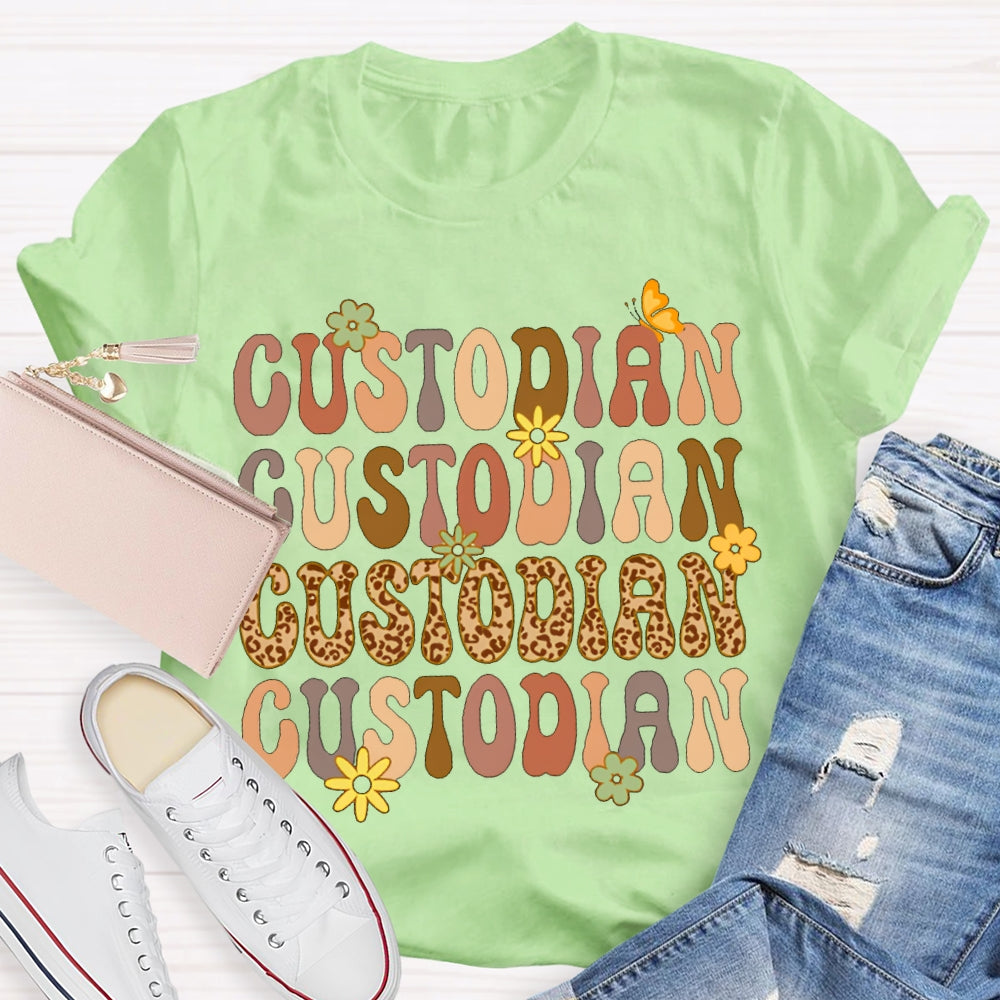 Custodian Leopard Print And Colorful Fonts T-shirt