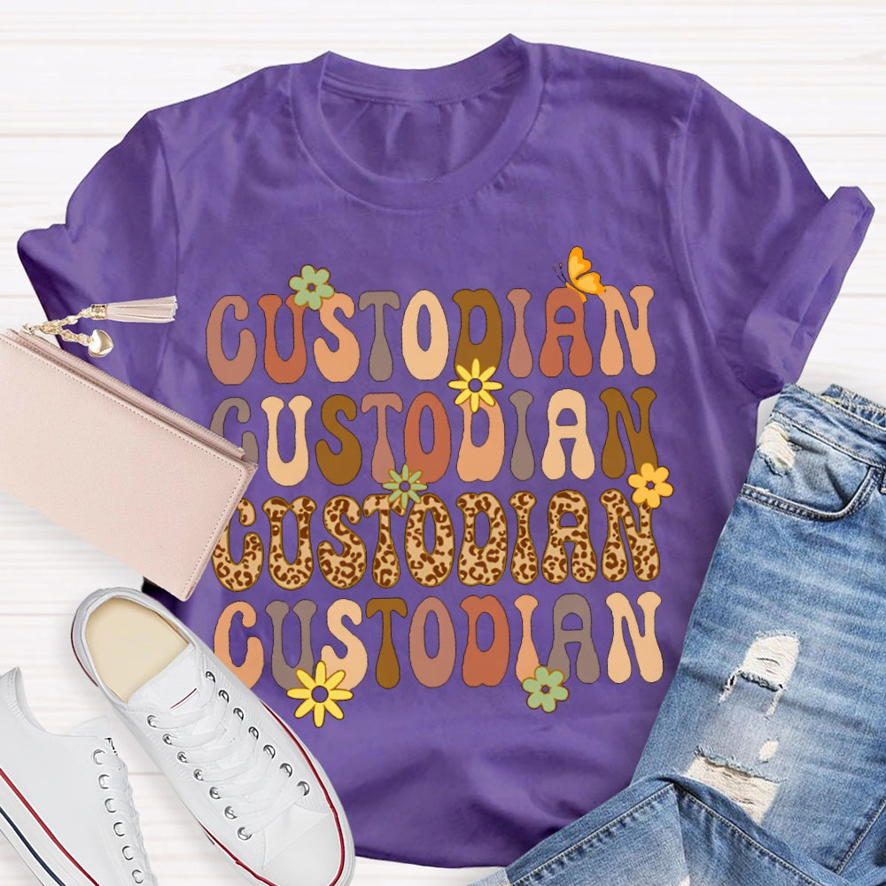 Custodian Leopard Print And Colorful Fonts T-shirt