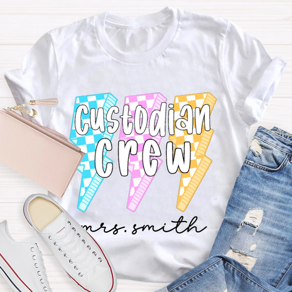 Personalized Name Custodian Crew Leopard Lightning Print T-shirt