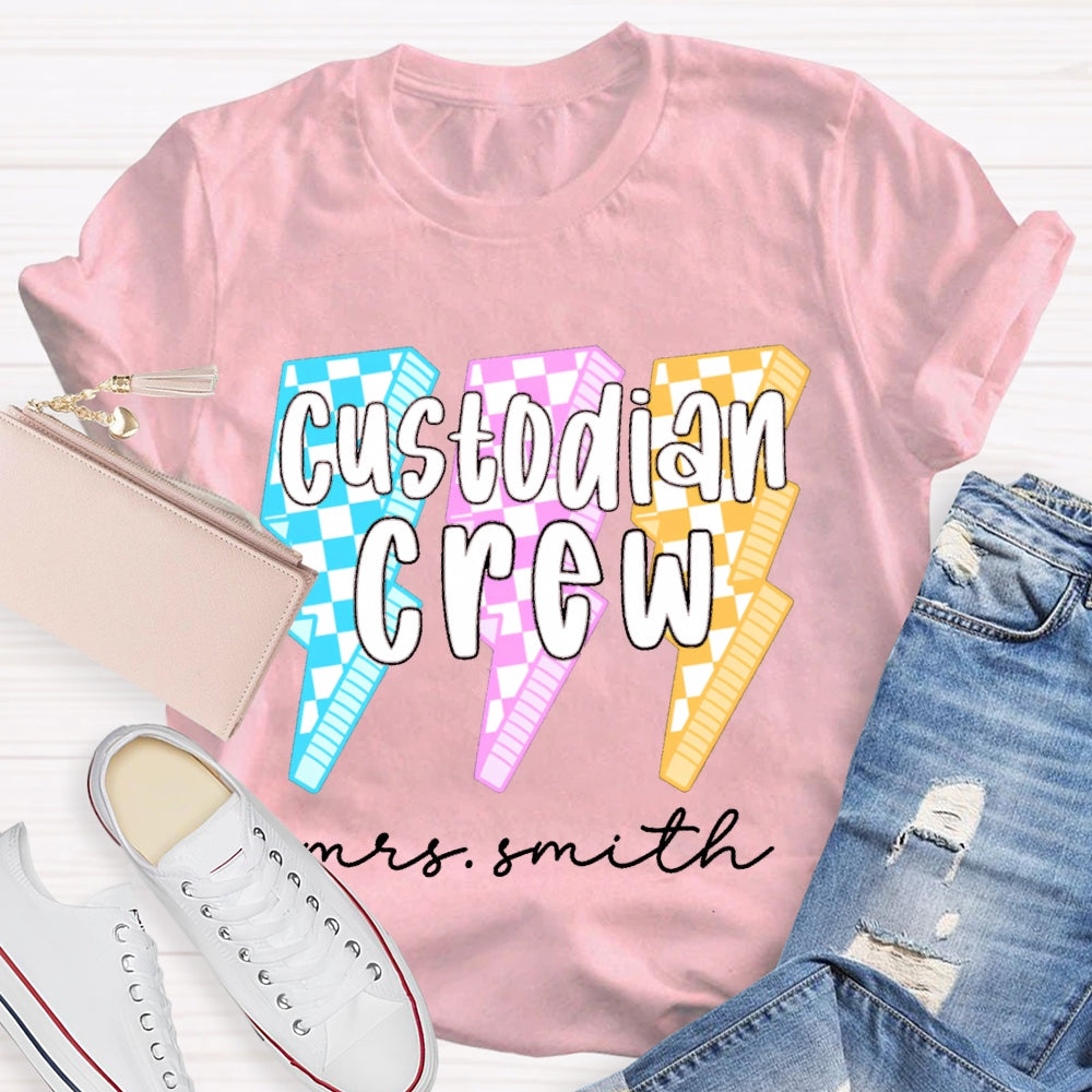 Personalized Name Custodian Crew Leopard Lightning Print T-shirt