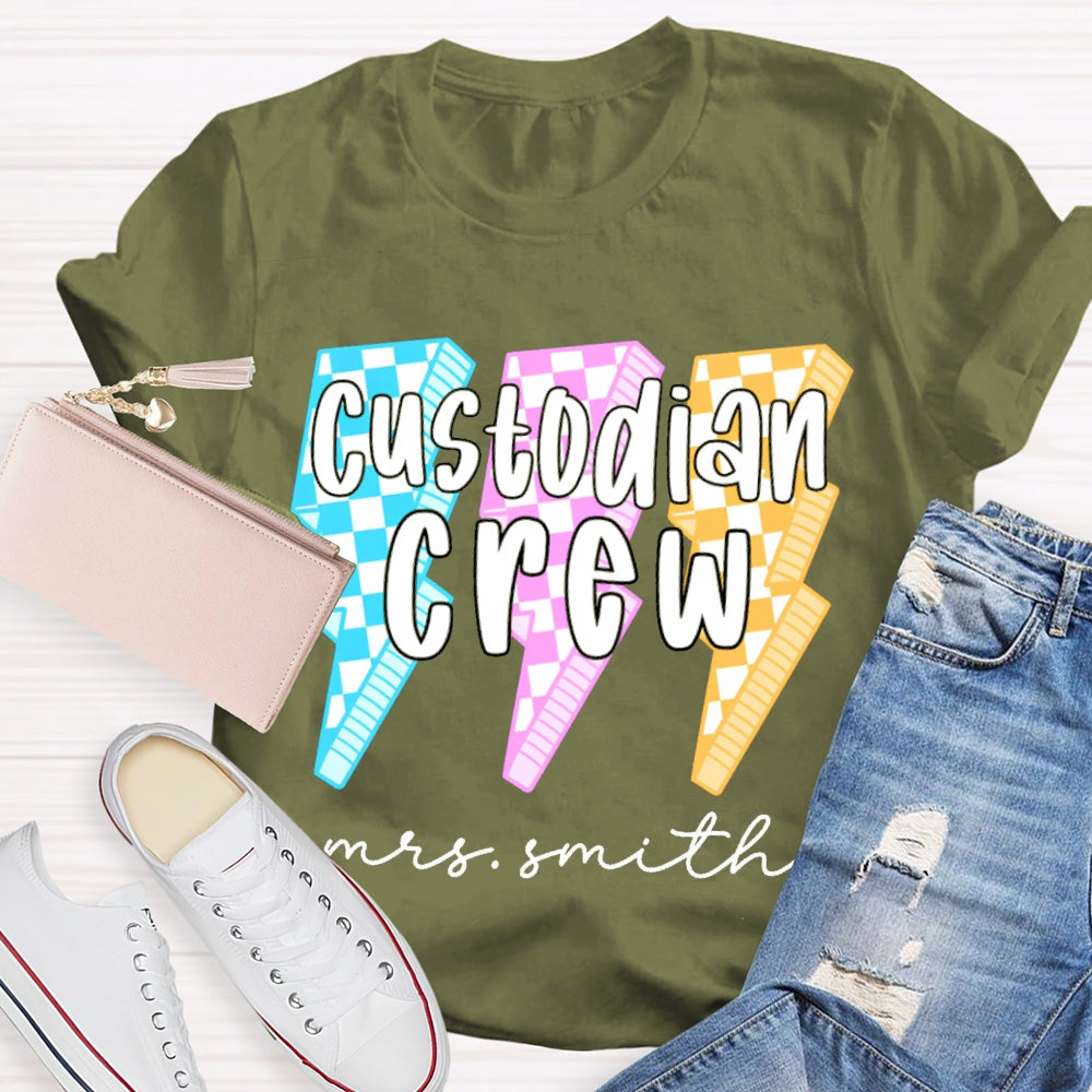 Personalized Name Custodian Crew Leopard Lightning Print T-shirt