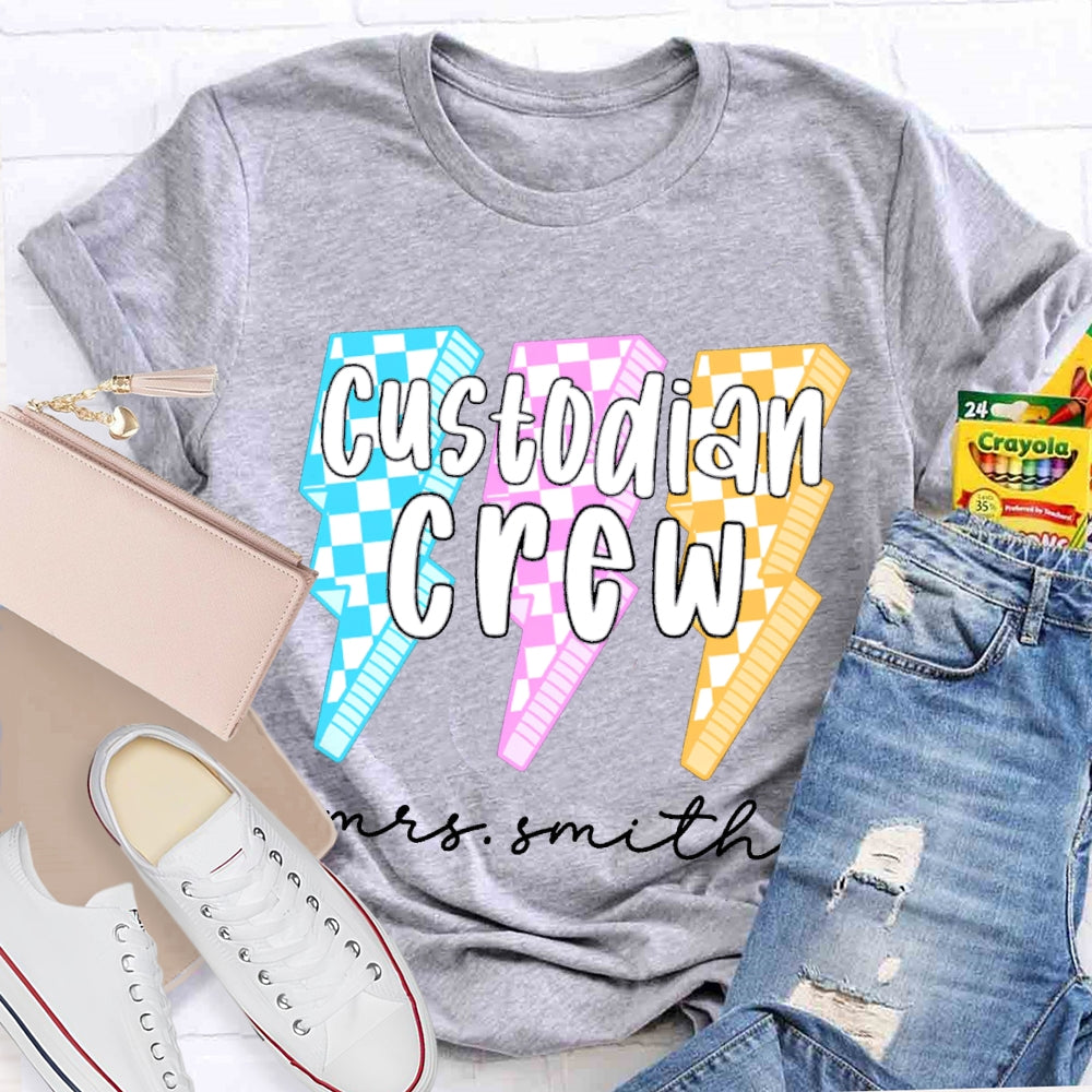 Personalized Name Custodian Crew Leopard Lightning Print T-shirt