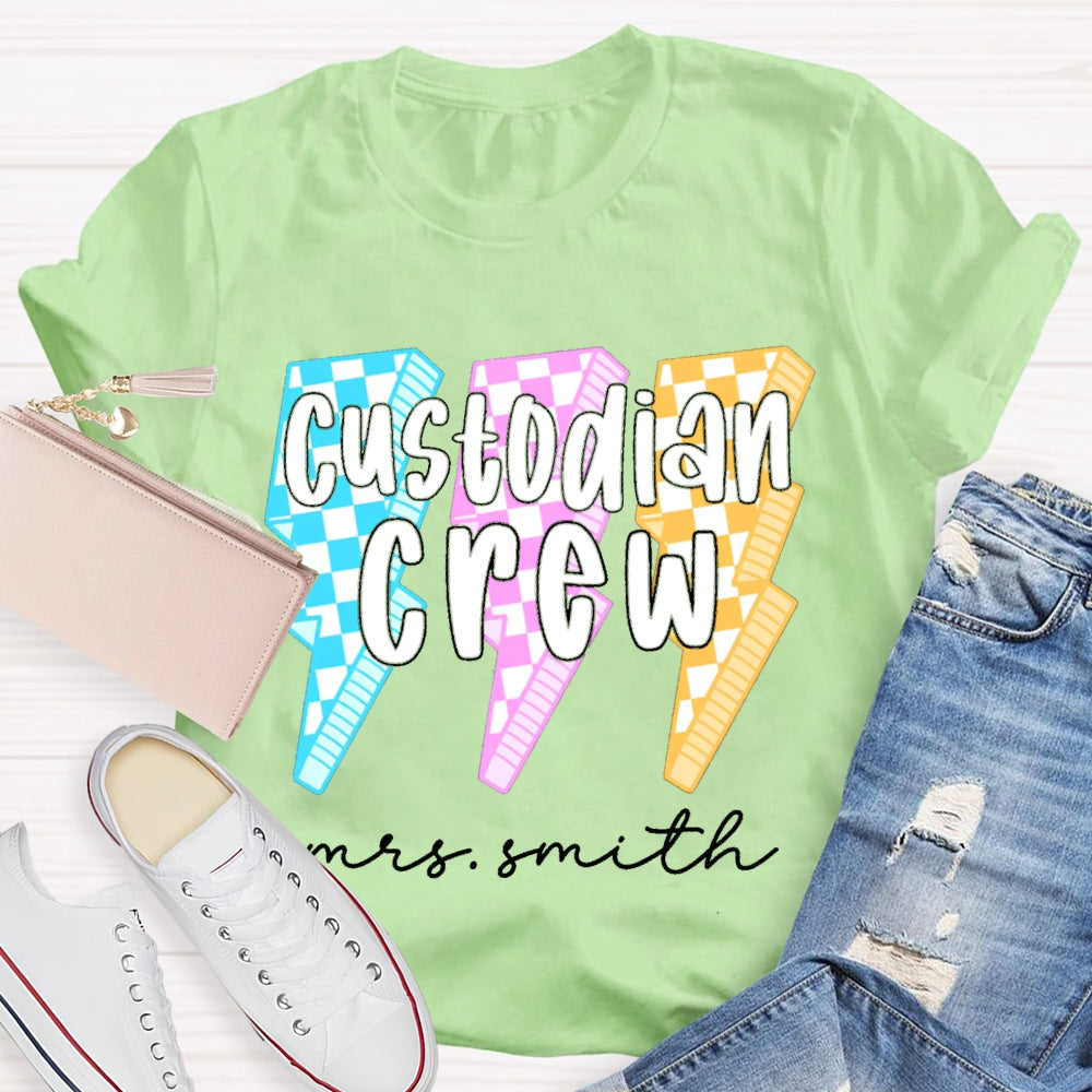 Personalized Name Custodian Crew Leopard Lightning Print T-shirt