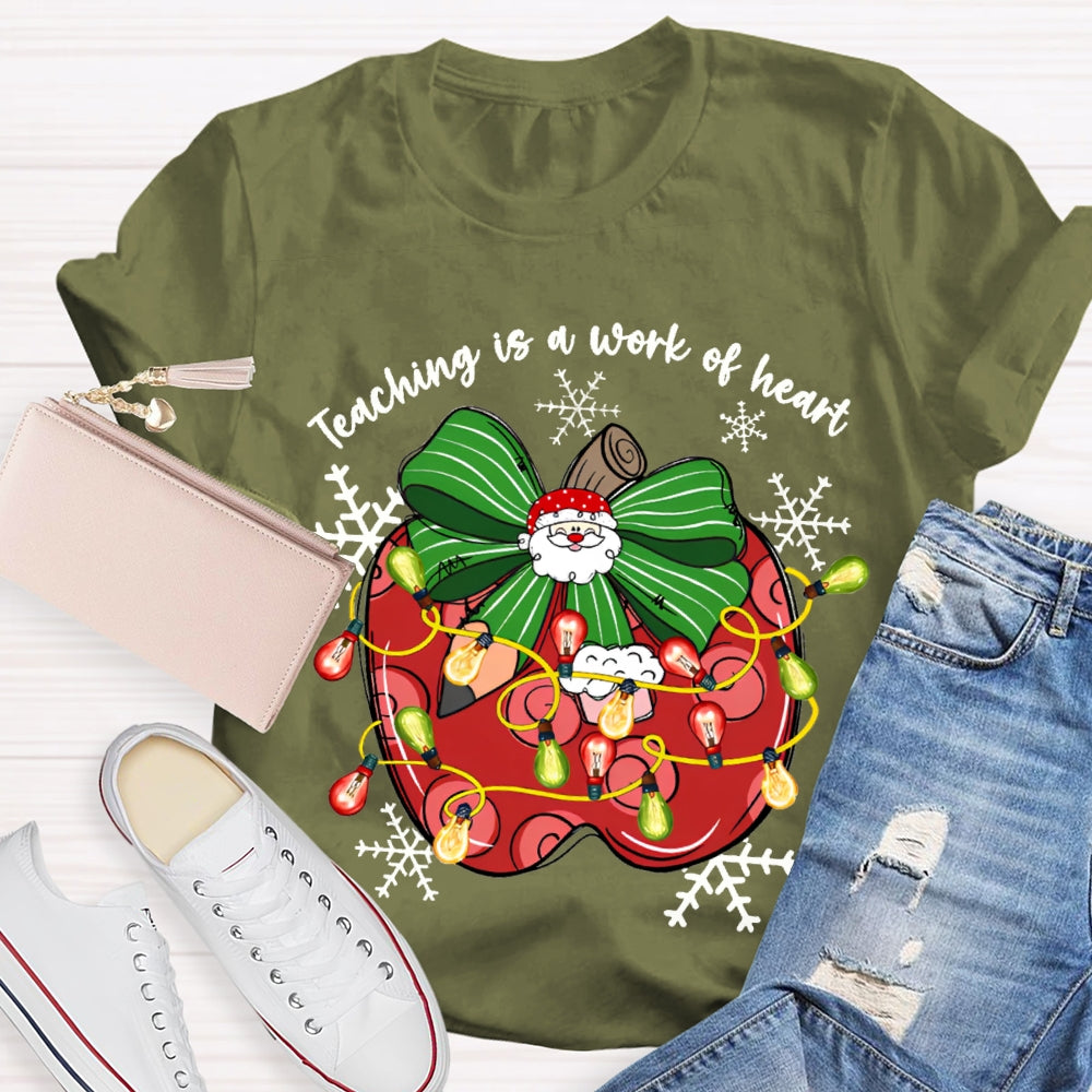 Teaching Is A Work Of Heart Bow Apples And Christmas Lights T-shirt