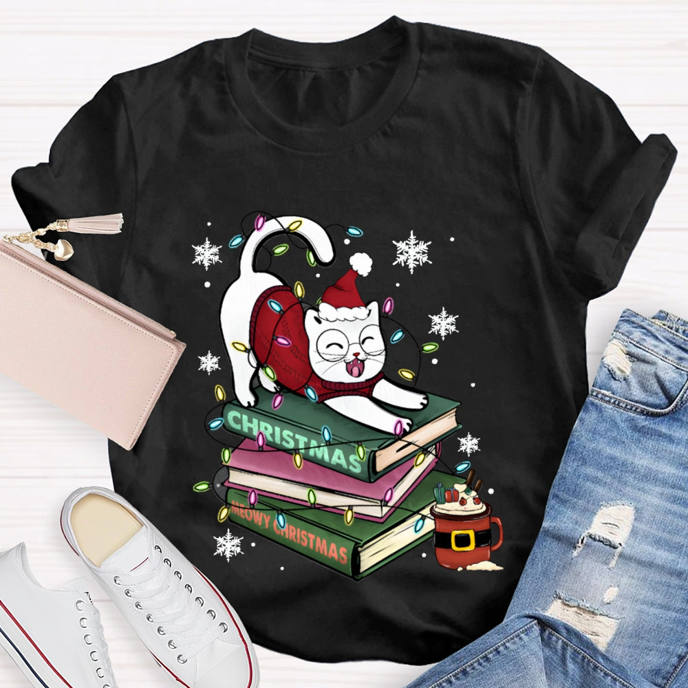 Christmas Books And Cat Wearing Santa Hat Snowflakes And Christmas Lights T-shirt