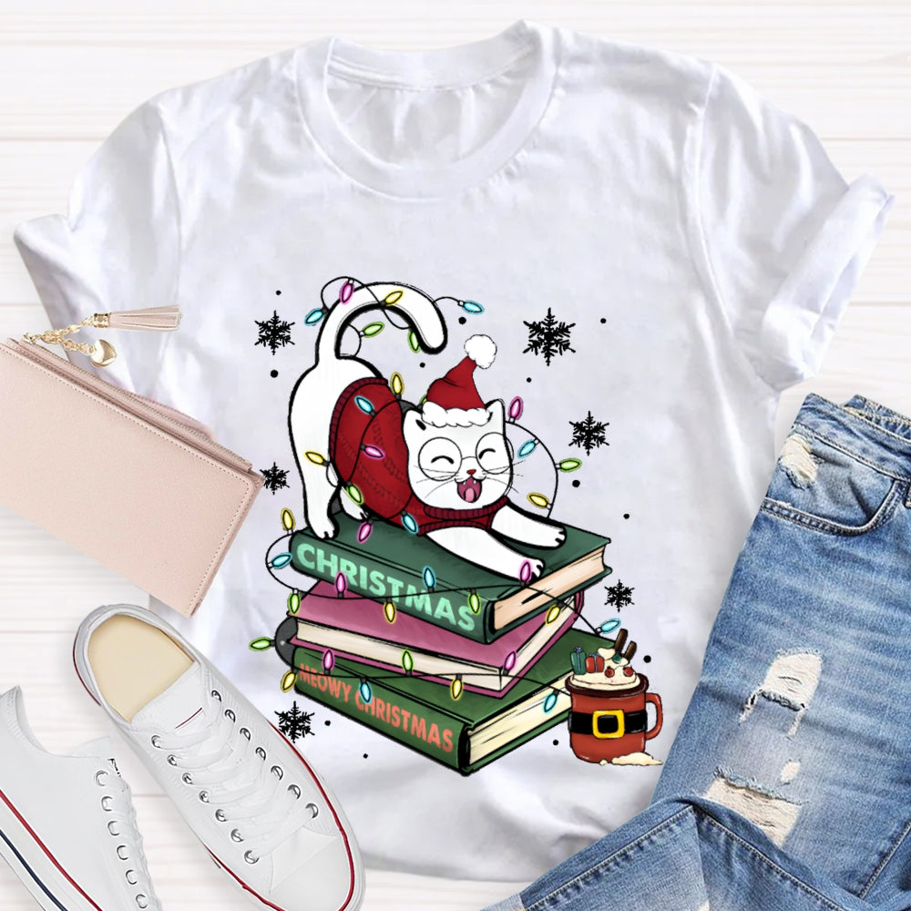 Christmas Books And Cat Wearing Santa Hat Snowflakes And Christmas Lights T-shirt
