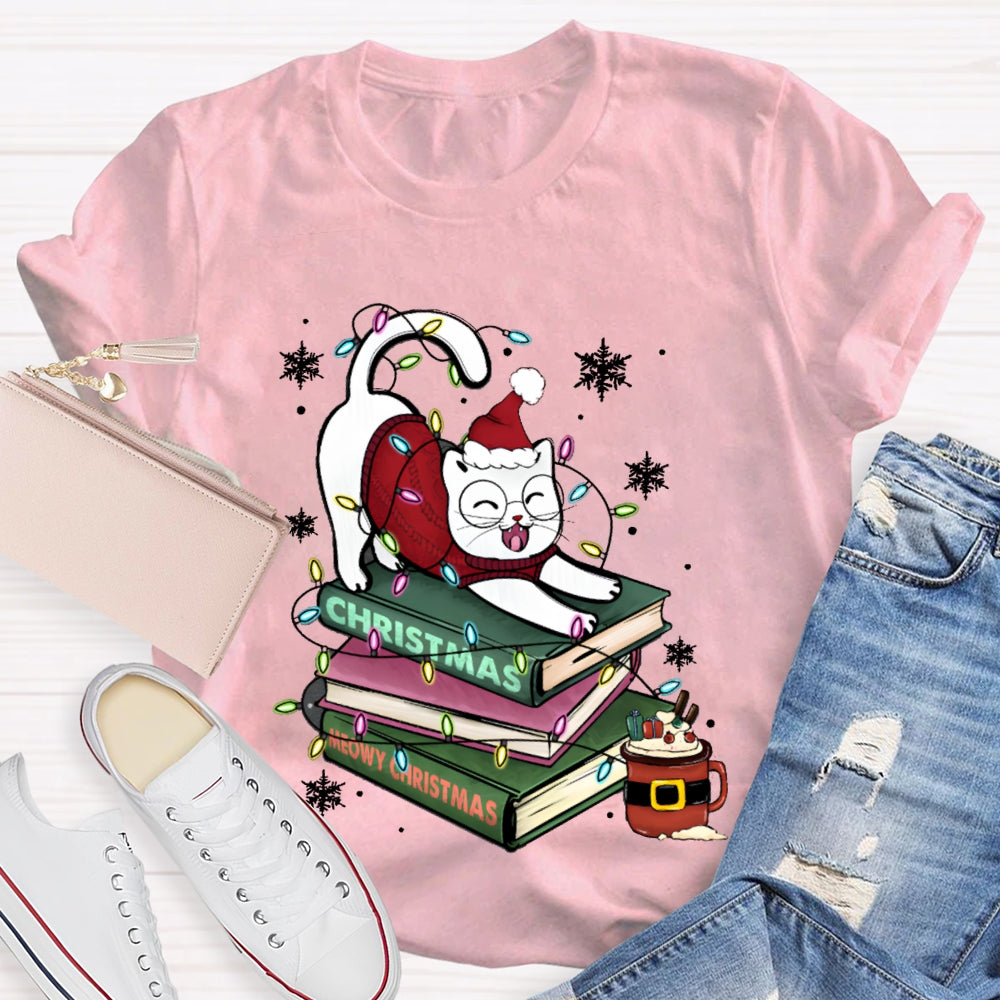 Christmas Books And Cat Wearing Santa Hat Snowflakes And Christmas Lights T-shirt