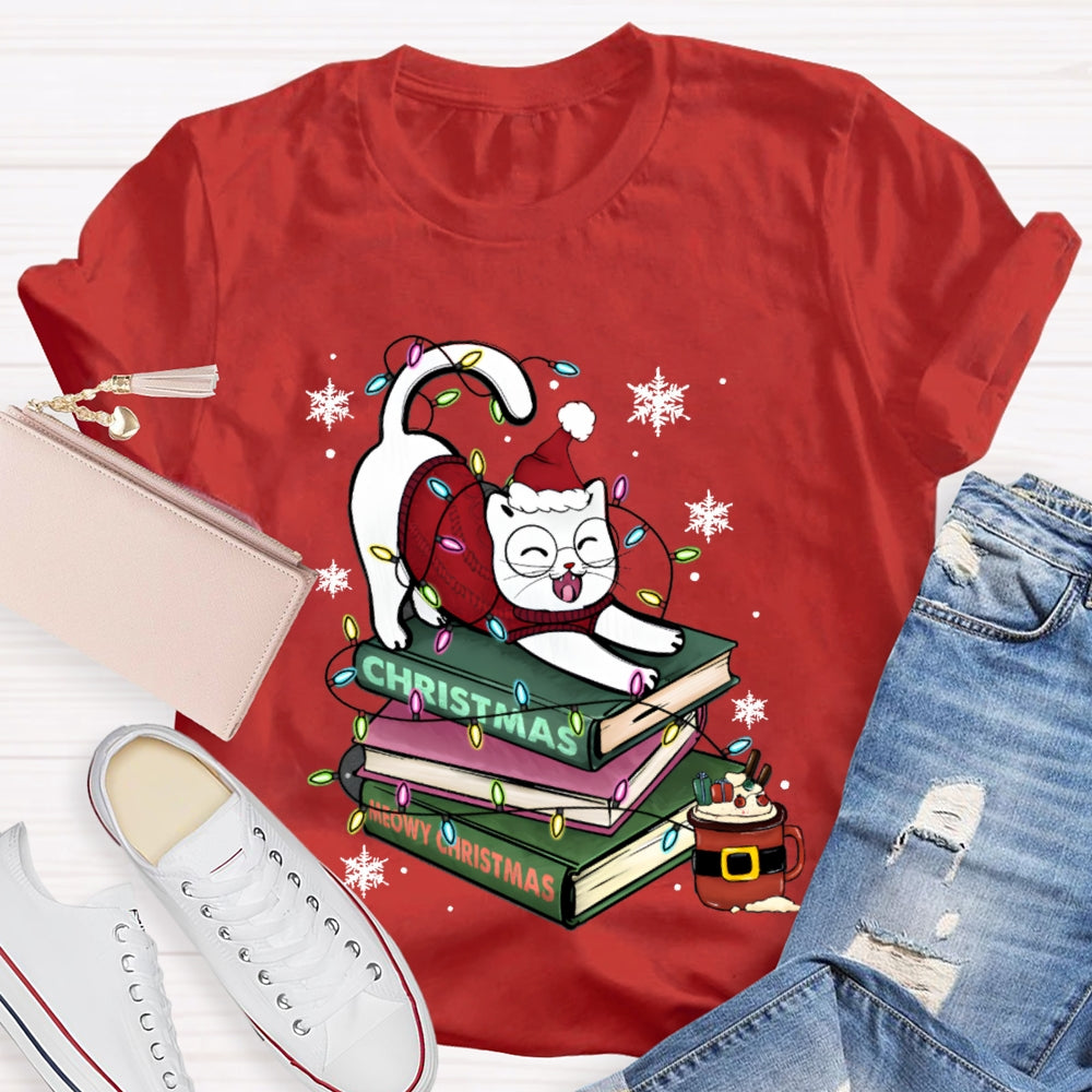 Christmas Books And Cat Wearing Santa Hat Snowflakes And Christmas Lights T-shirt