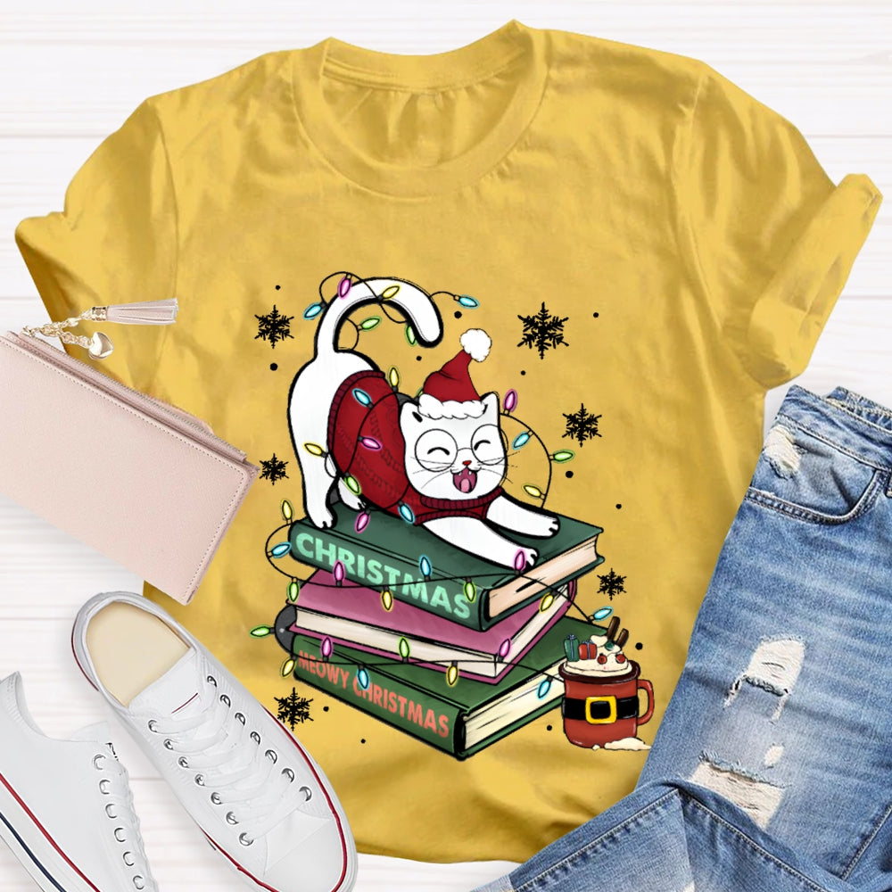 Christmas Books And Cat Wearing Santa Hat Snowflakes And Christmas Lights T-shirt