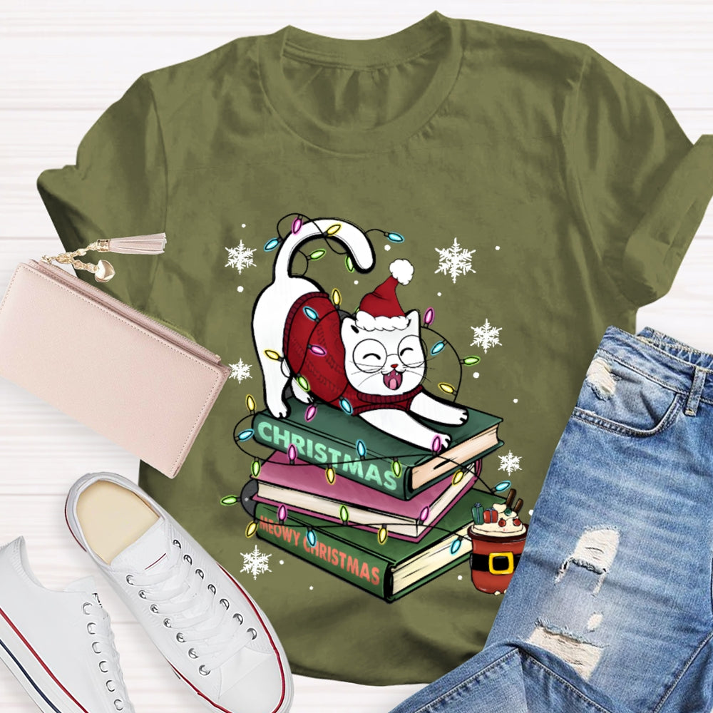 Christmas Books And Cat Wearing Santa Hat Snowflakes And Christmas Lights T-shirt