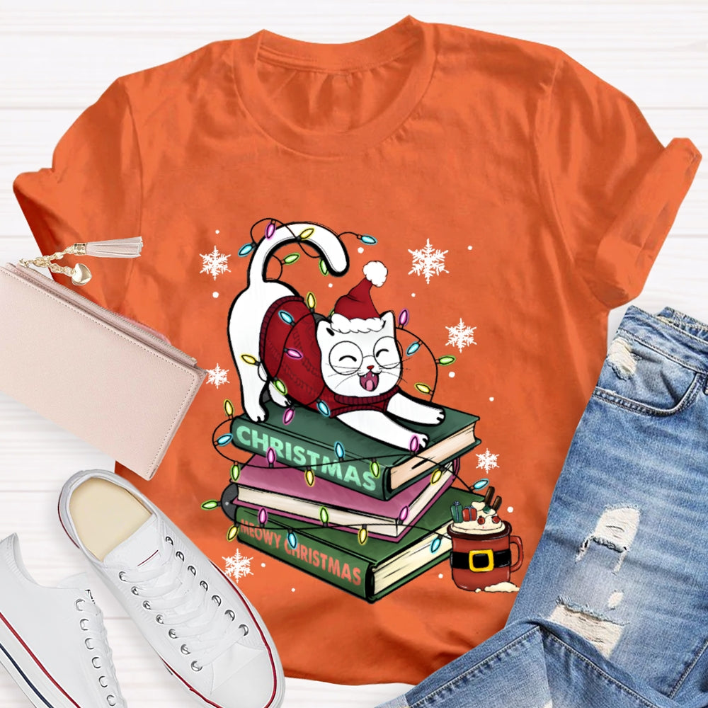 Christmas Books And Cat Wearing Santa Hat Snowflakes And Christmas Lights T-shirt