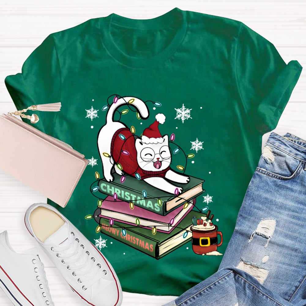 Christmas Books And Cat Wearing Santa Hat Snowflakes And Christmas Lights T-shirt