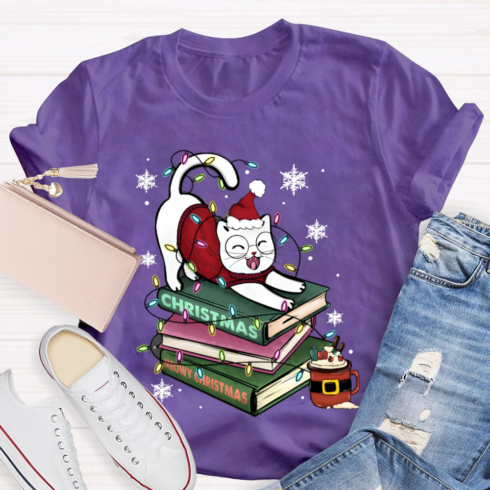 Christmas Books And Cat Wearing Santa Hat Snowflakes And Christmas Lights T-shirt