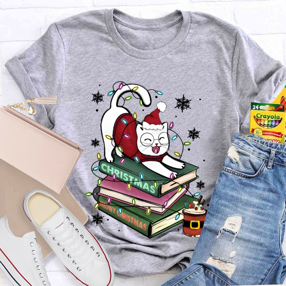 Christmas Books And Cat Wearing Santa Hat Snowflakes And Christmas Lights T-shirt