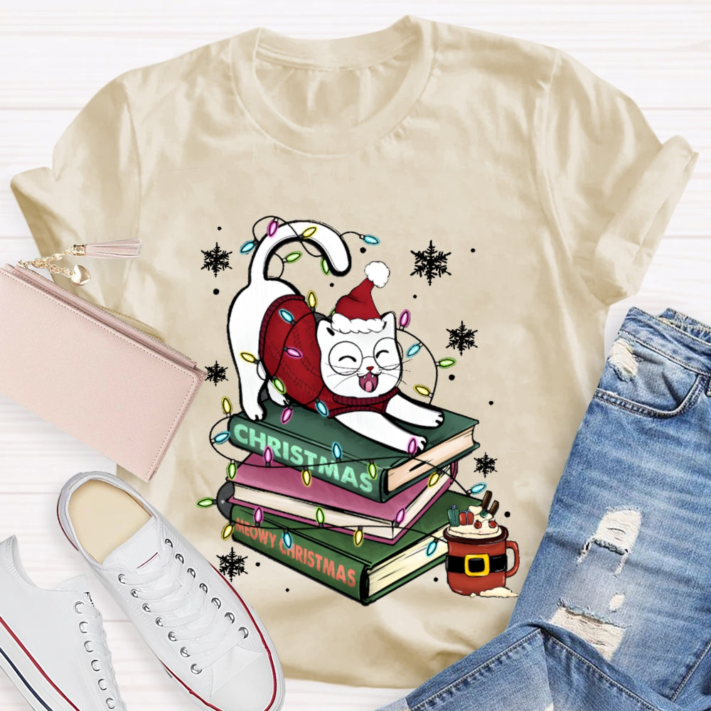 Christmas Books And Cat Wearing Santa Hat Snowflakes And Christmas Lights T-shirt