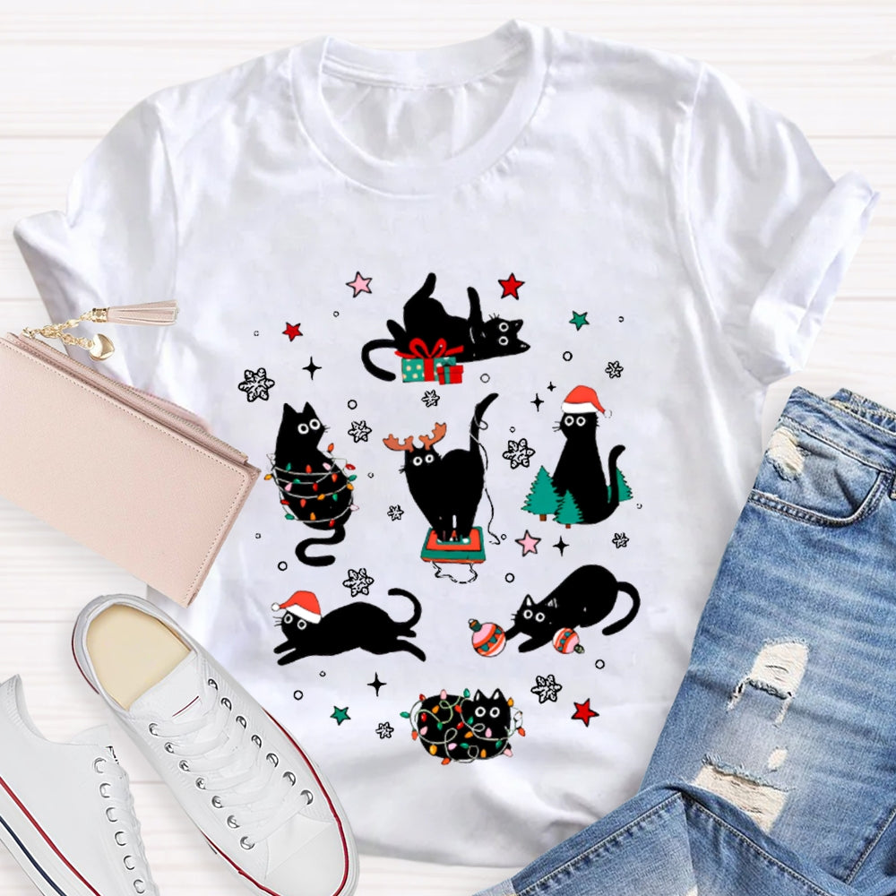 A Group Of Playful Black Cats Snowflakes And Christmas Lights T-shirt