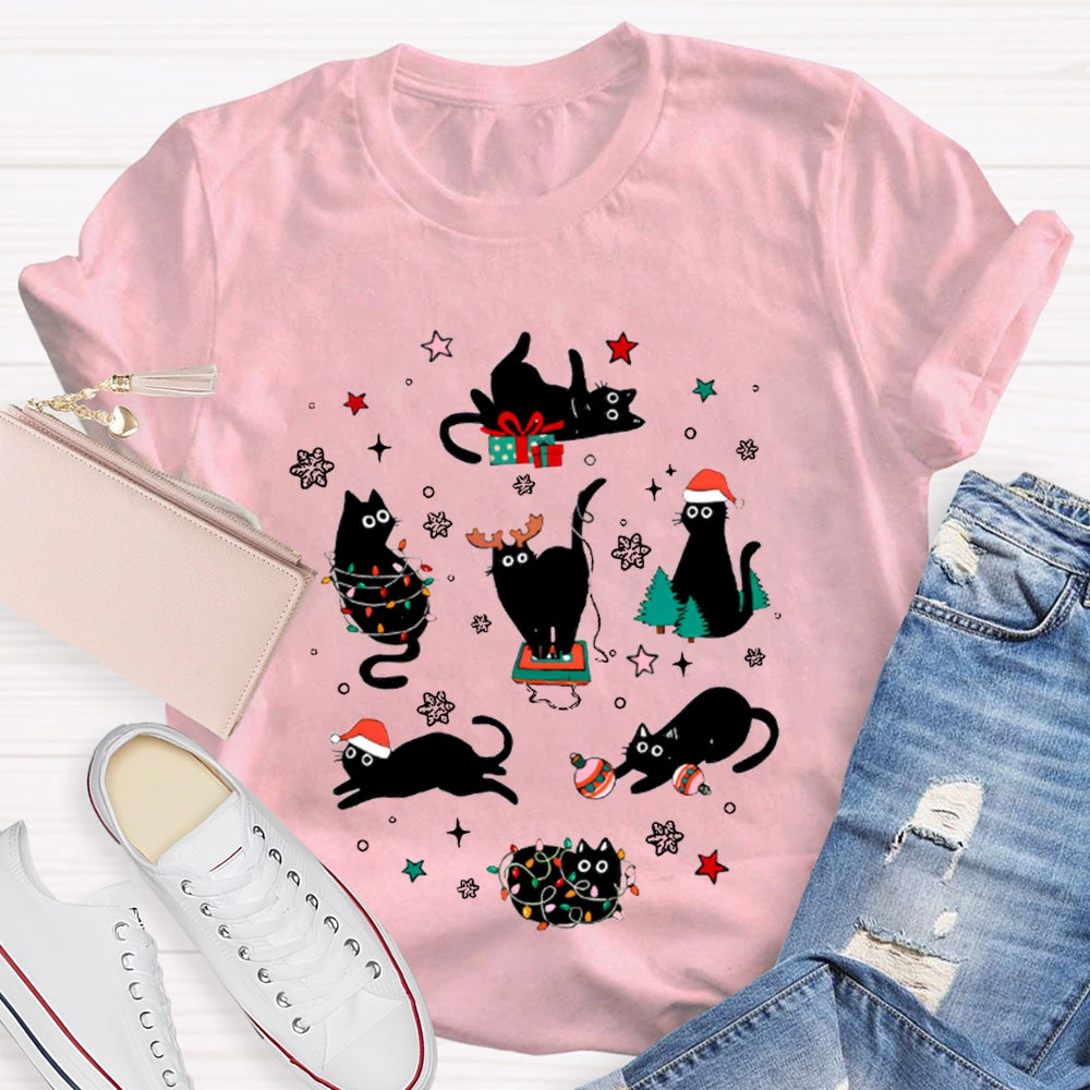 A Group Of Playful Black Cats Snowflakes And Christmas Lights T-shirt