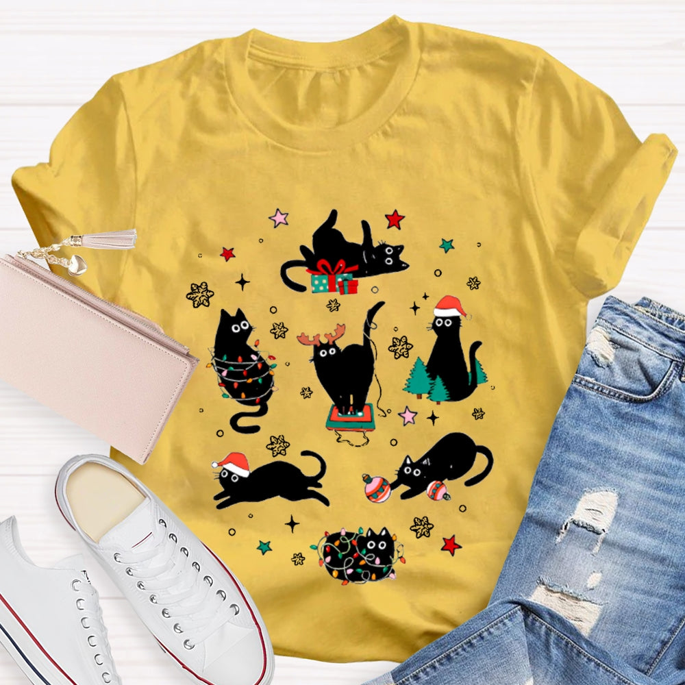A Group Of Playful Black Cats Snowflakes And Christmas Lights T-shirt