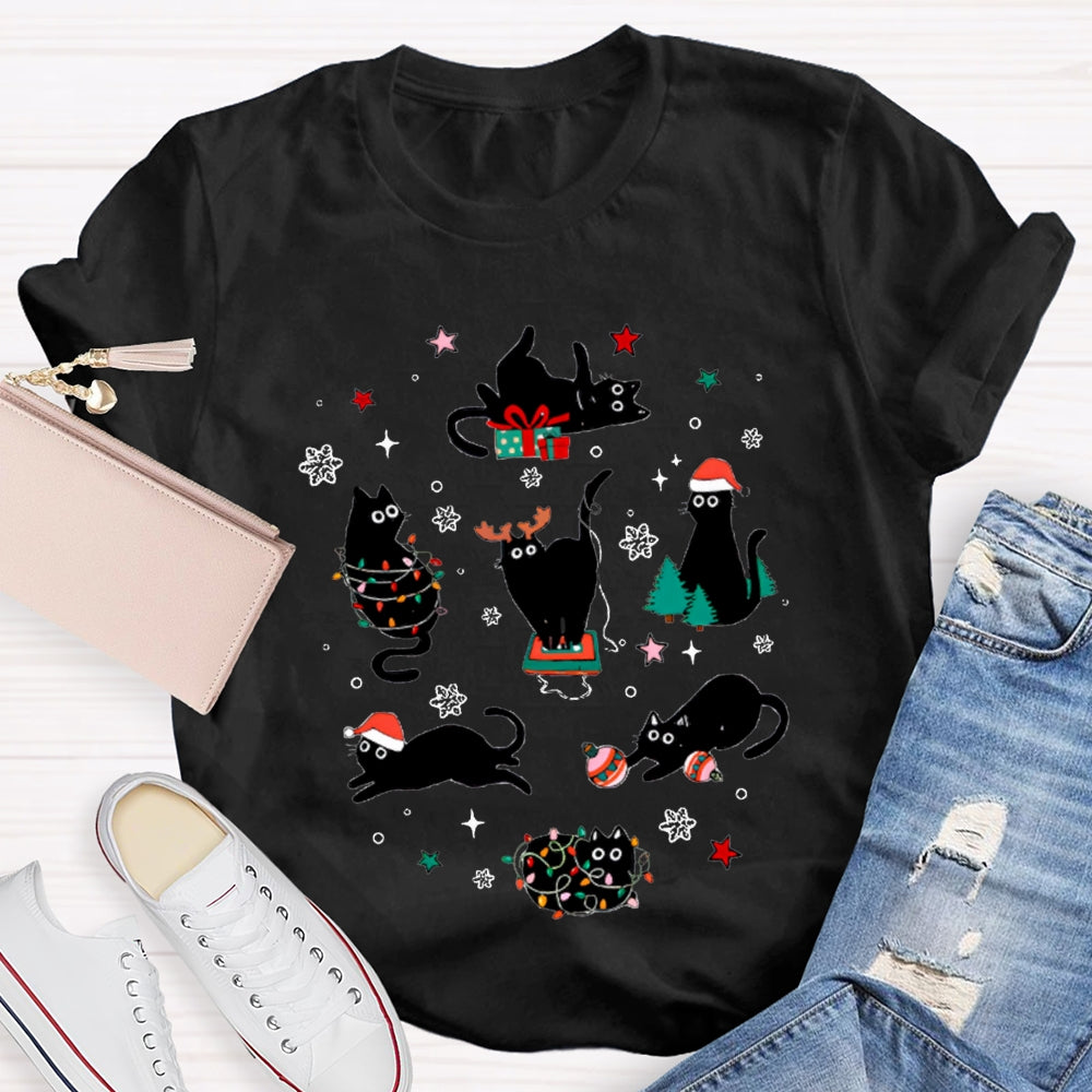 A Group Of Playful Black Cats Snowflakes And Christmas Lights T-shirt