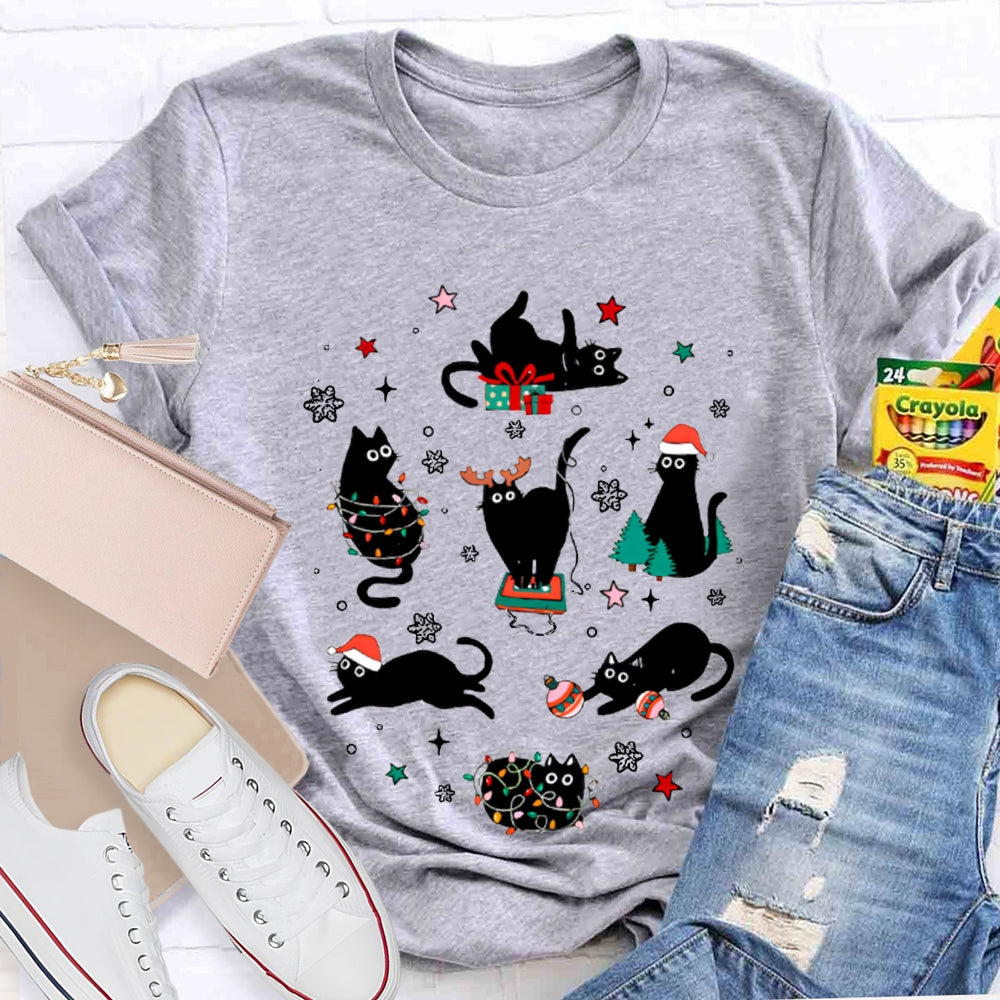 A Group Of Playful Black Cats Snowflakes And Christmas Lights T-shirt