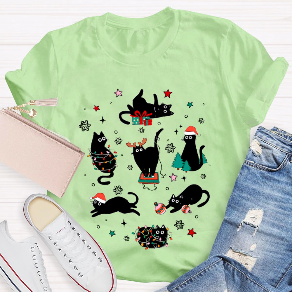 A Group Of Playful Black Cats Snowflakes And Christmas Lights T-shirt
