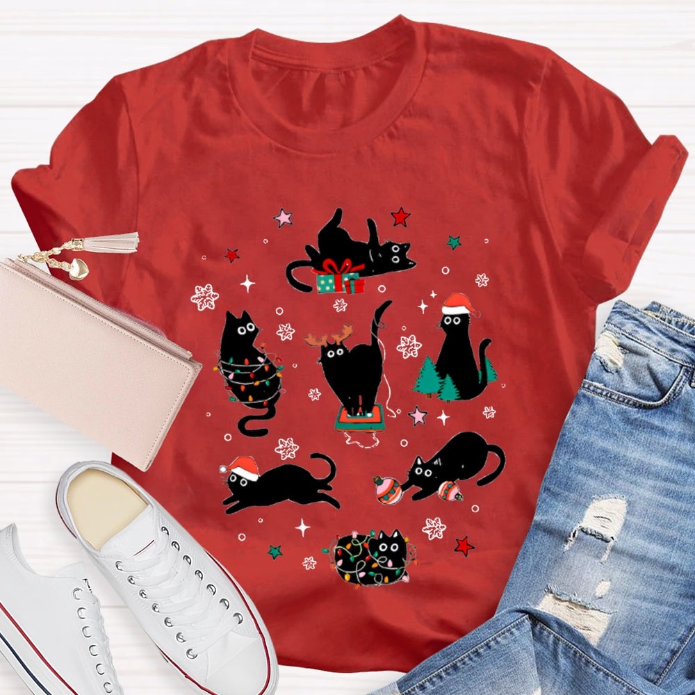 A Group Of Playful Black Cats Snowflakes And Christmas Lights T-shirt