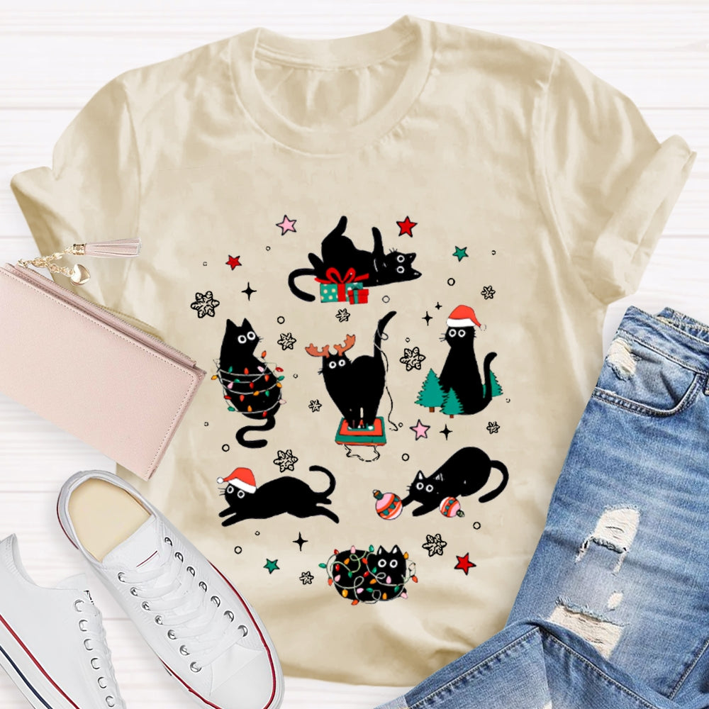 A Group Of Playful Black Cats Snowflakes And Christmas Lights T-shirt