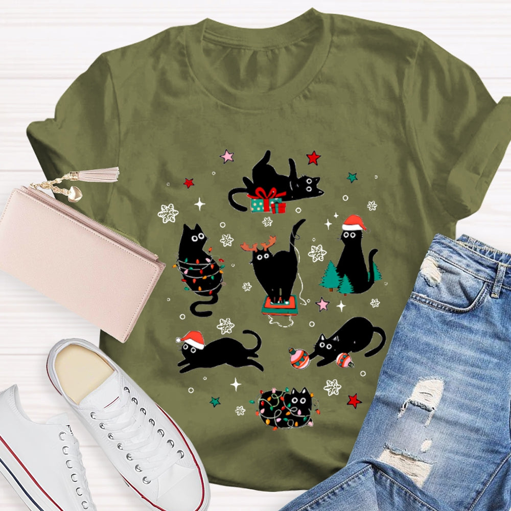 A Group Of Playful Black Cats Snowflakes And Christmas Lights T-shirt