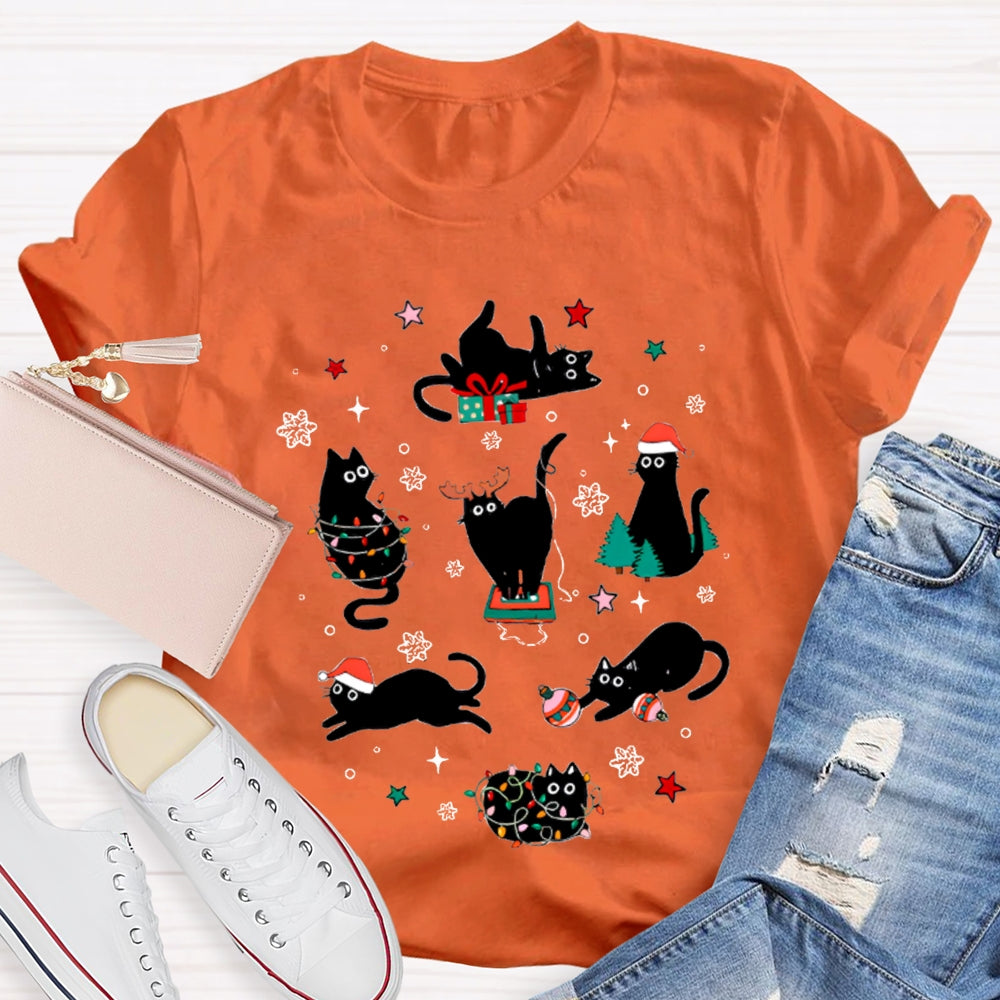 A Group Of Playful Black Cats Snowflakes And Christmas Lights T-shirt