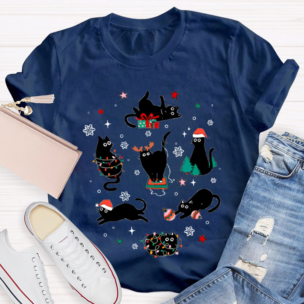 A Group Of Playful Black Cats Snowflakes And Christmas Lights T-shirt