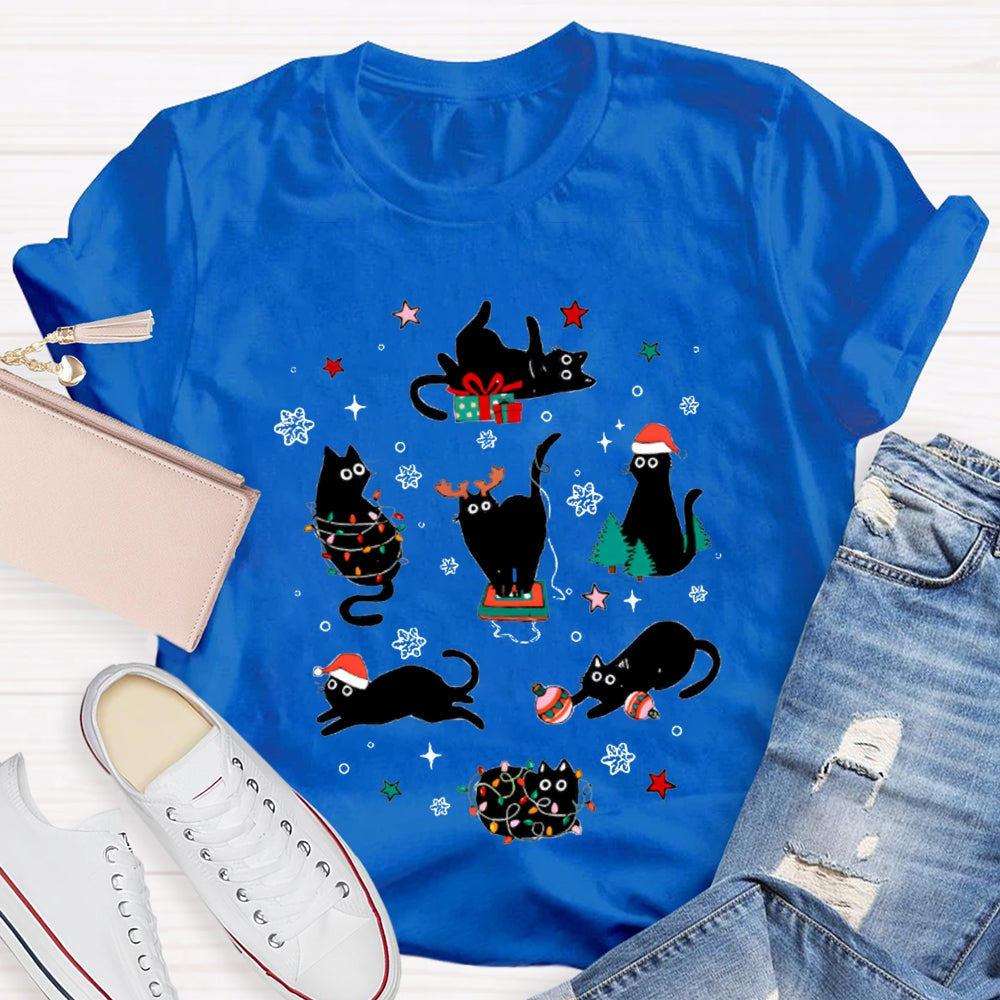 A Group Of Playful Black Cats Snowflakes And Christmas Lights T-shirt